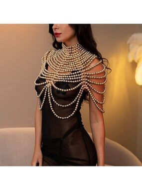 𝅺QUEEN Gold Pearl Body Chain Sexy Bra Fashion Shoulder Necklaces Harness Jewelry